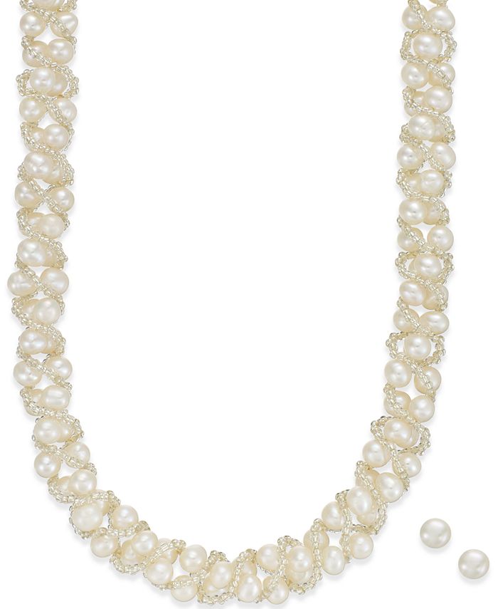 Macy S Cultured Freshwater Pearl Woven Necklace 4mm Stud Earrings 6mm Set In Sterling Silver Reviews Jewelry Watches Macy S