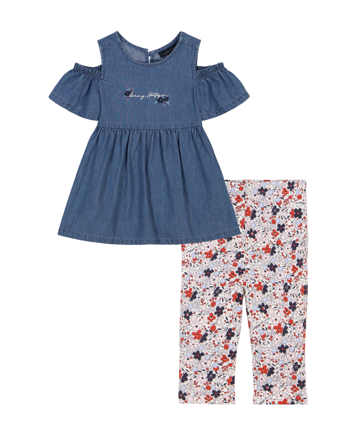 TOMMY HILFIGER TODDLER AND LITTLE GIRLS 2-PIECE DENIM LOOK TUNIC AND PRINTED CAPRI LEGGINGS SET 