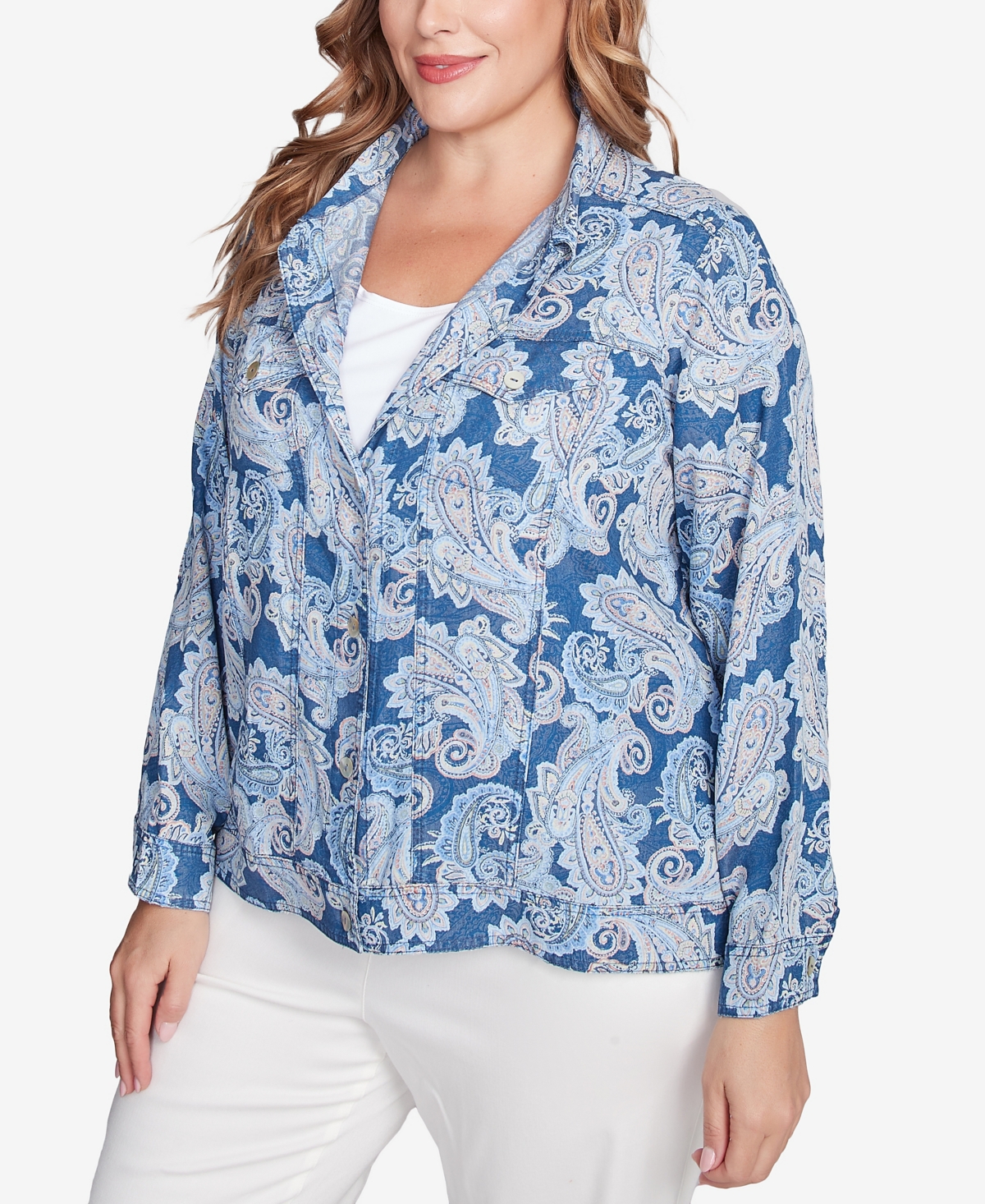 Ruby Rd. Petite Baroque Paisley Soft Button Long Sleeve Jacket In Dark Chambray Multi
