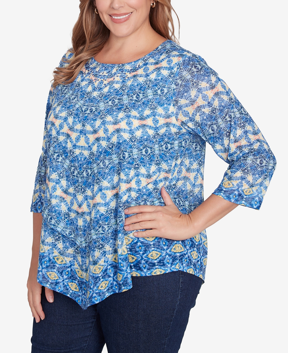 Ruby Rd. Plus Size Chevron Burnout Crew Neck Knit Top In Bluebird Multi