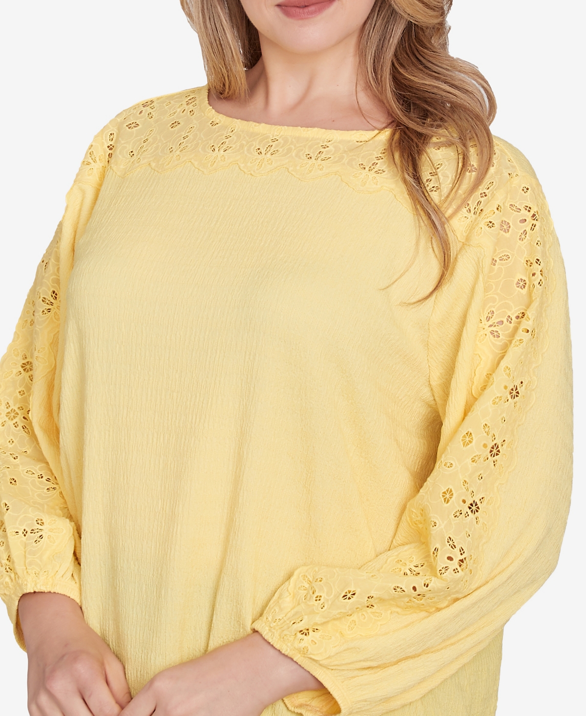 Ruby Rd. Plus Size Solid Textured Eyelet 3/4 Sleeve Top In Lemon