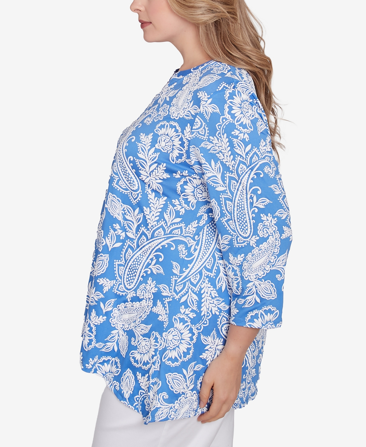 Ruby Rd. Plus Size Jacobean Paisley Puff Print V-neck Top In Bluebird Multi