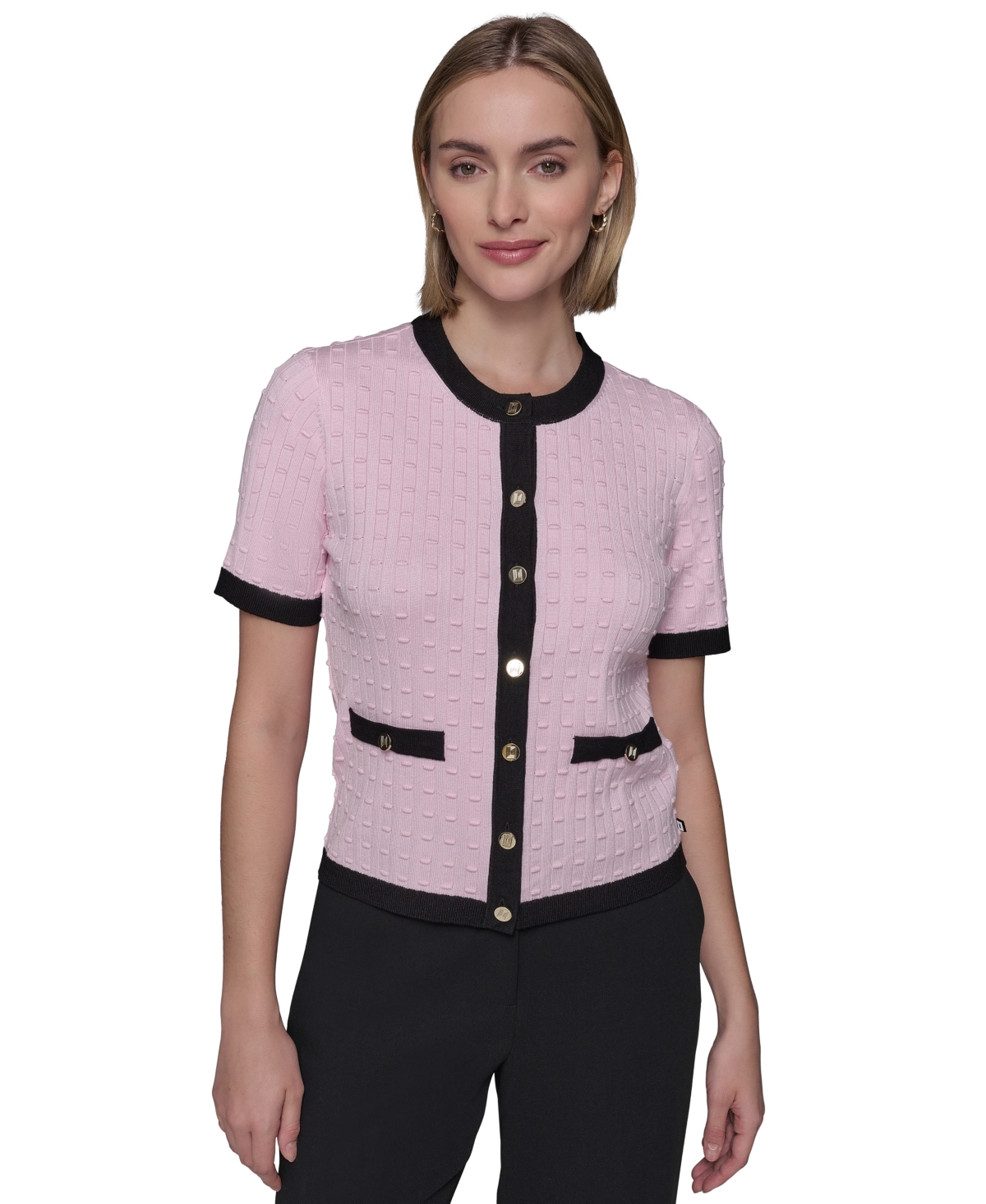 KARL LAGERFELD PETITE SHORT-SLEEVE TWO-POCKET CARDIGAN SWEATER 
