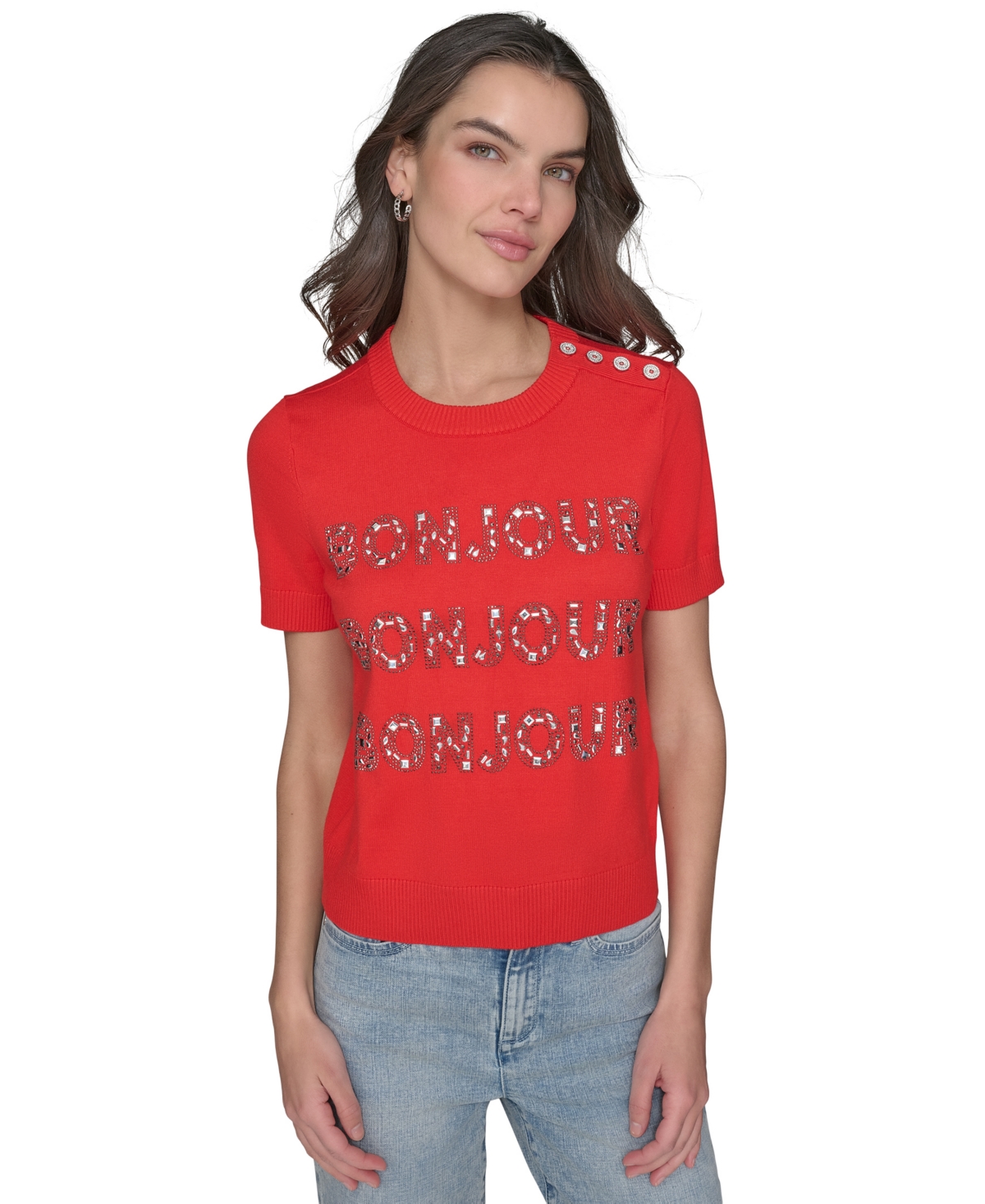 Karl Lagerfeld Petite Crystal Bonjour Short-sleeve Sweater In Apple Red