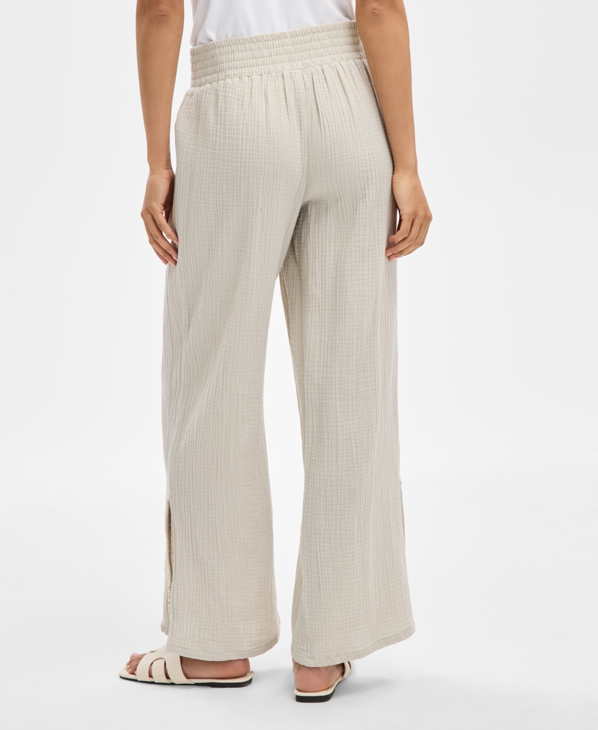 Shop Jm Collection Women's Cotton Gauze Embellished Slit Pants, Exclusively At Macy's In Stonewall