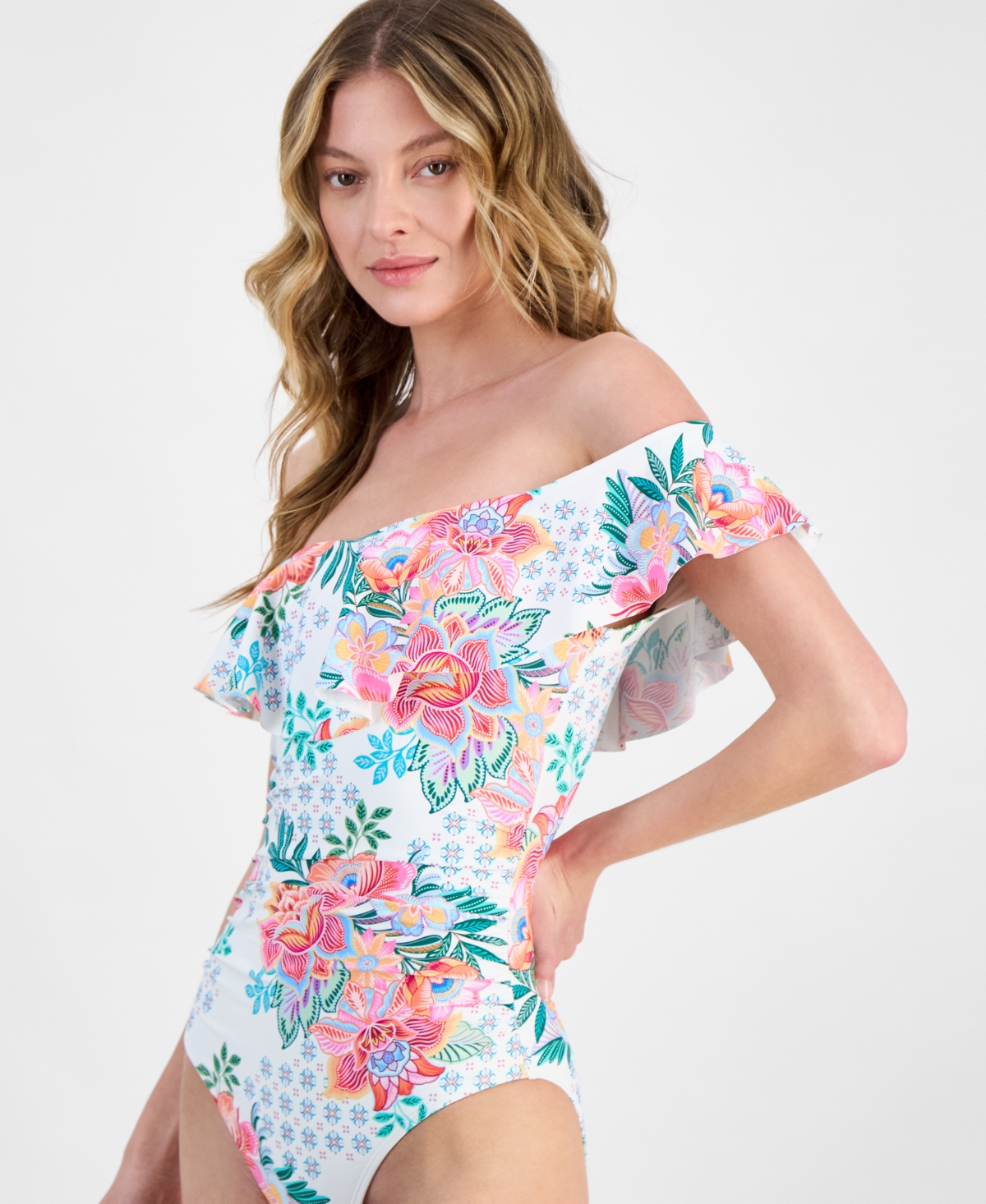 Shop La Blanca Women's Riveria Resort Printed Off The Shoulder One-piece Swimsuit, Exclusively At Macy's In White