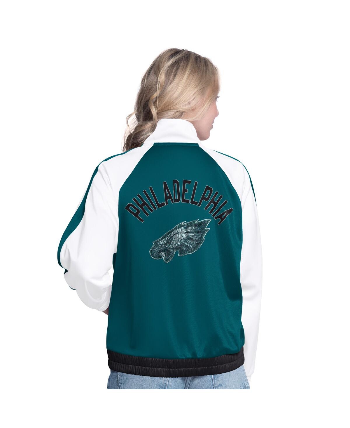 G-III 4HER BY CARL BANKS WOMEN'S WHITE/MIDNIGHT GREEN PHILADELPHIA EAGLES RALLY RHINESTONE FULL-ZIP TRACK JACKET 