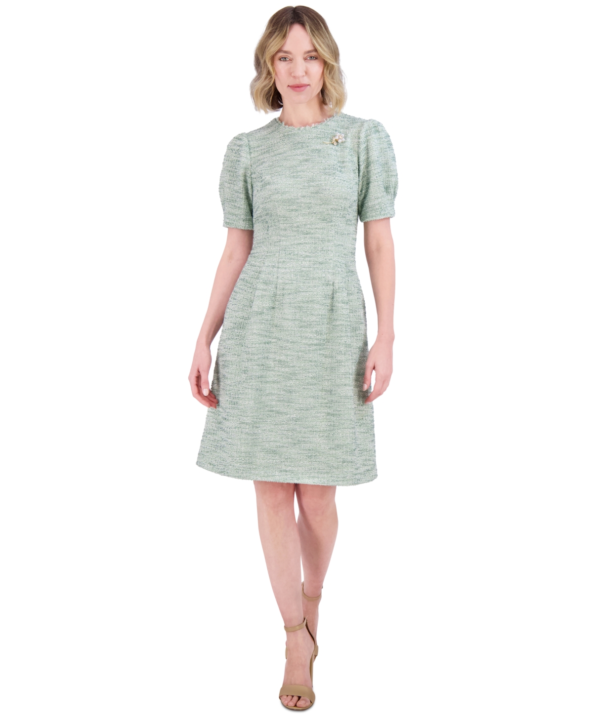 Women's Boucle Magic-Waist Puff-Sleeve Dress - Sage