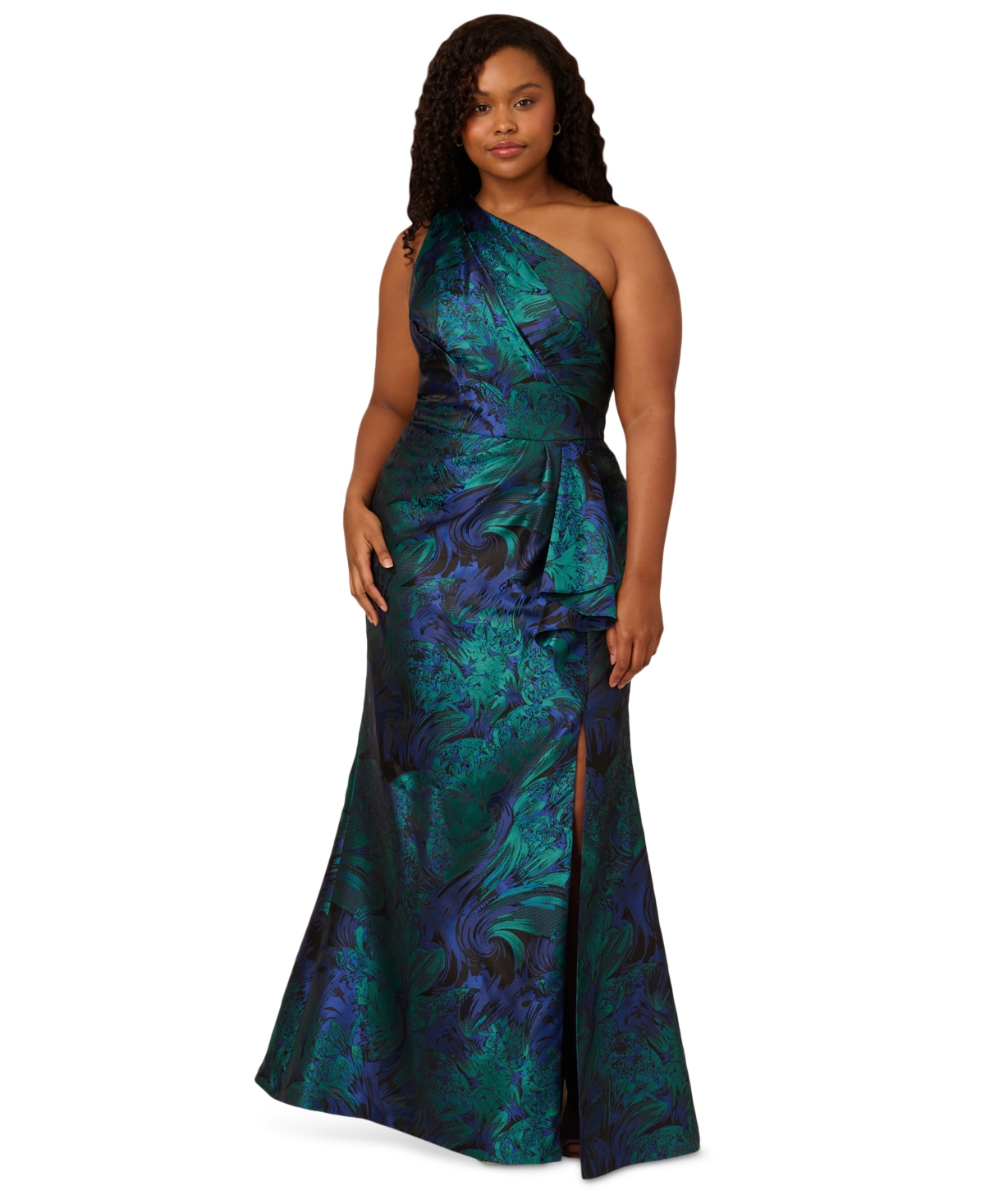 Adrianna Papell One-shoulder Jacquard Gown In Cobalt,teal
