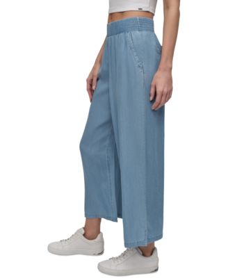 Petite Chambray Smocked-Waist Wide-Leg Ankle Pants