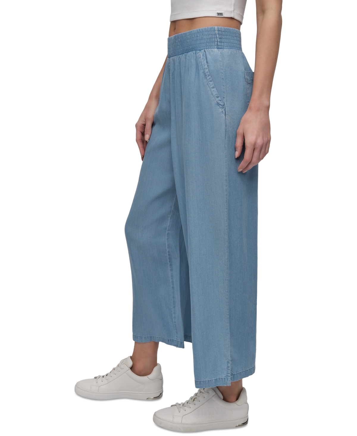 Dkny Jeans Petite Chambray Smocked-Waist Wide-Leg Ankle Pants