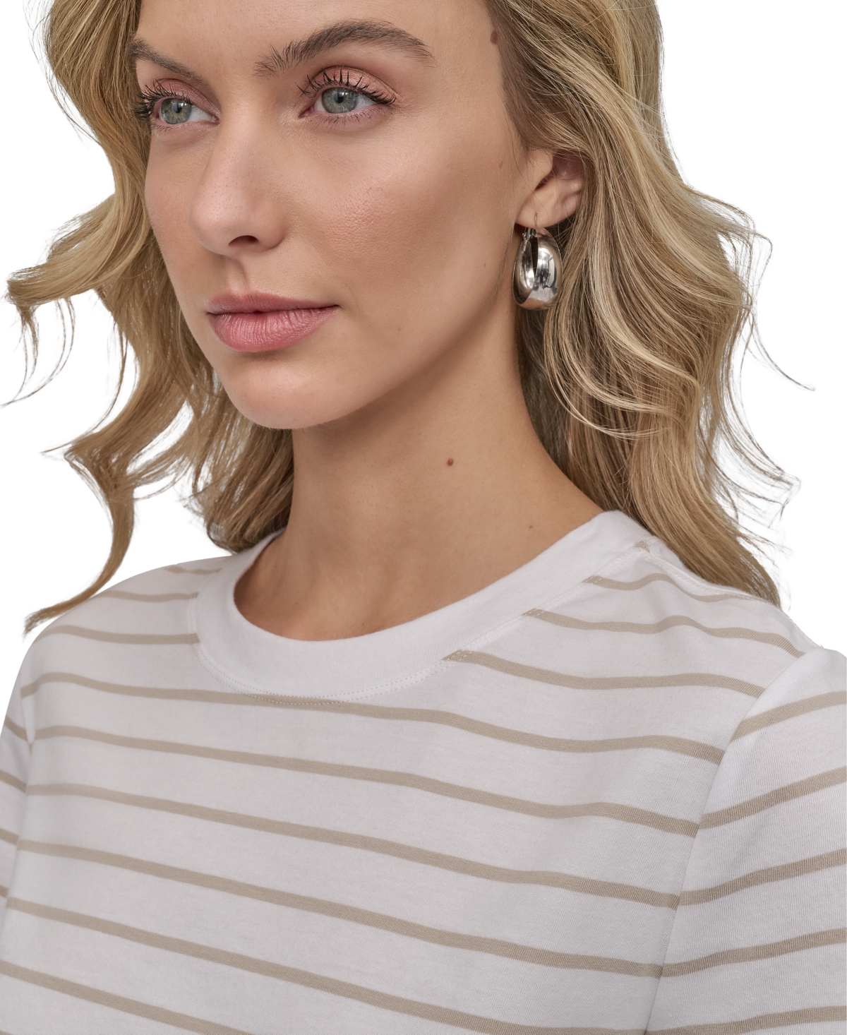 Shop Dkny Jeans Petite Striped Crewneck T-shirt In White,pebble