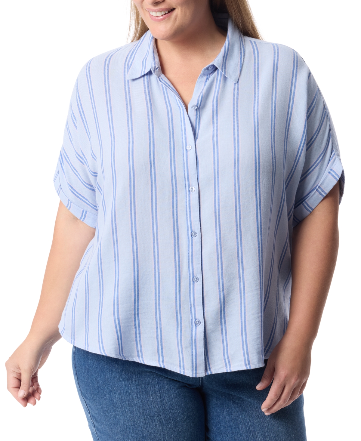 Plus Size Printed Cuffed-Sleeve Button-Front Shirt, Exclusively at Macy's - Metropolitan Stripe Blue