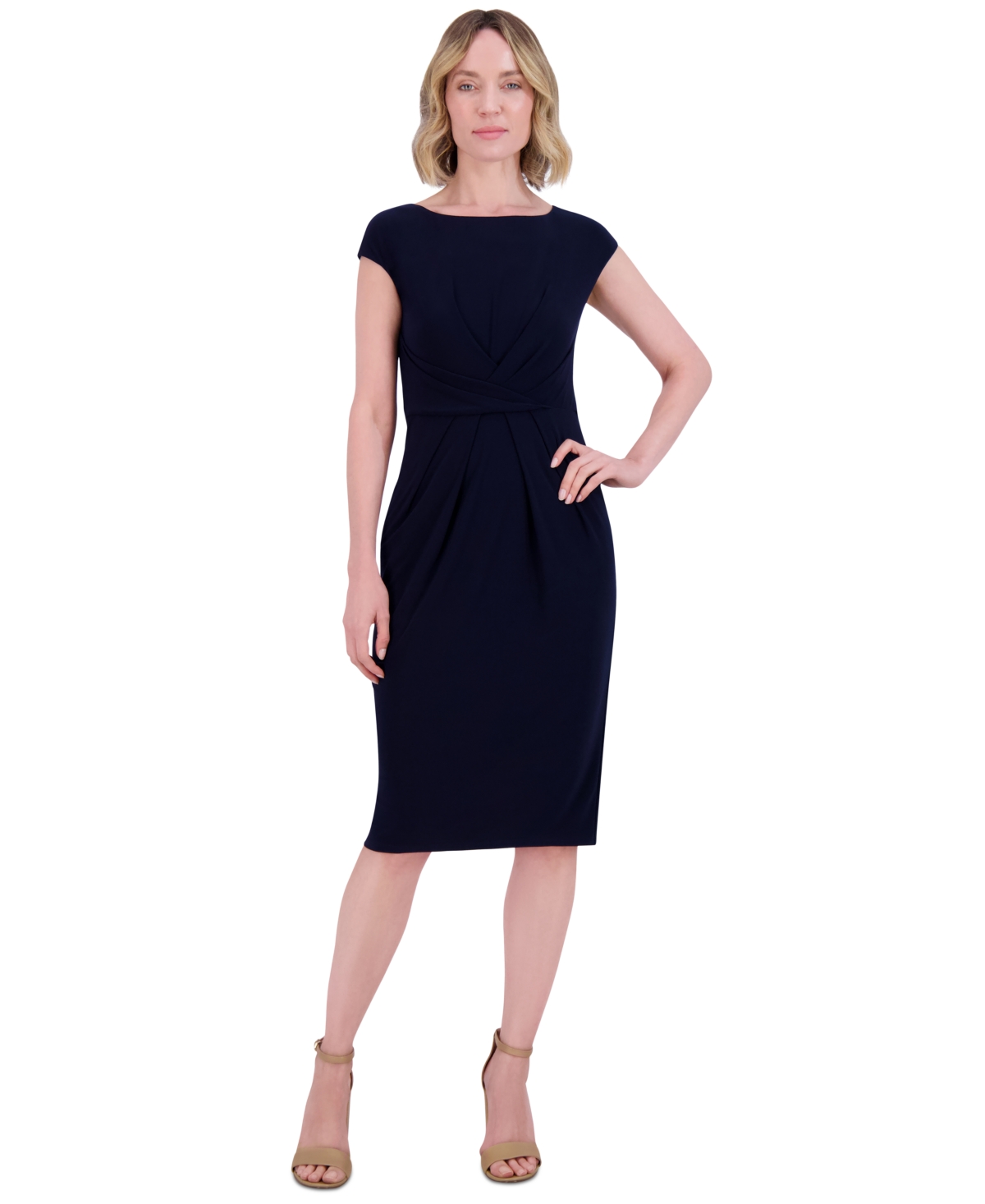 Petite Pleat-Front Cap-Sleeve Boat-Neck Dress - Navy