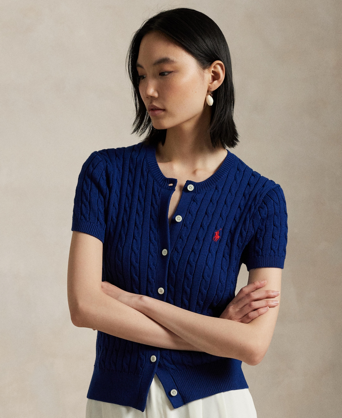Polo Ralph Lauren Cable-knit Cotton Short-sleeve Cardigan In Harrison Blue
