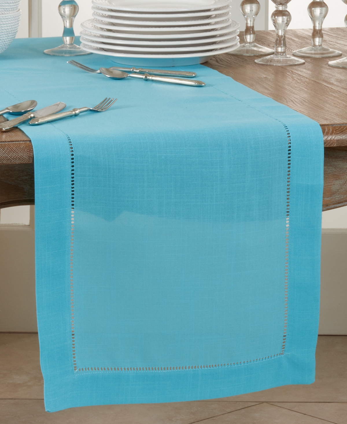 Saro Lifestyle Hemstitched Border Table Runner, 16" X 54" In Turquoise