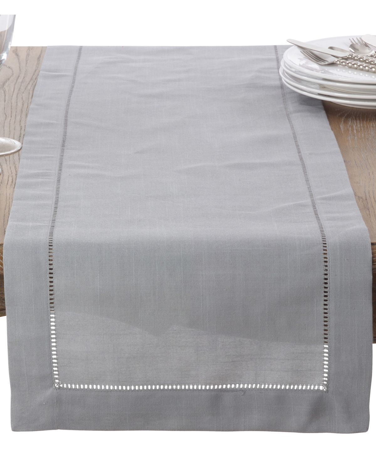Saro Lifestyle Hemstitched Border Table Runner, 16" X 54" In Gray