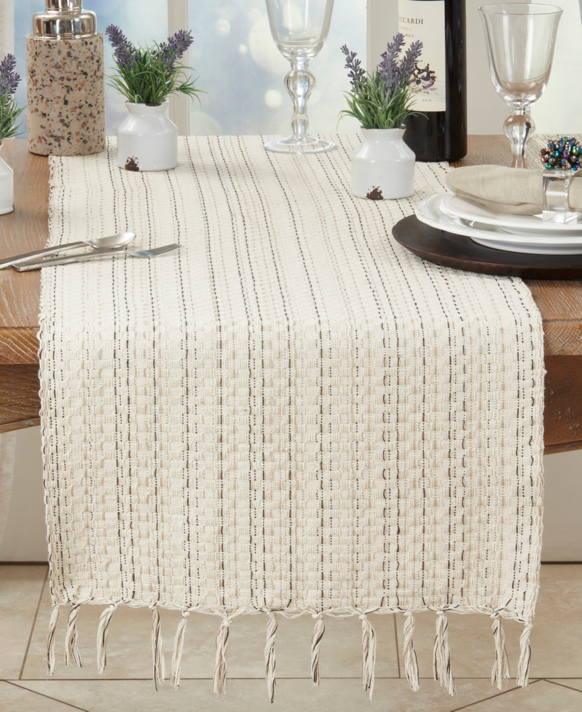 Saro Lifestyle Tassel Trimmed Stripe Table Runner, 16" X 72" In Natural