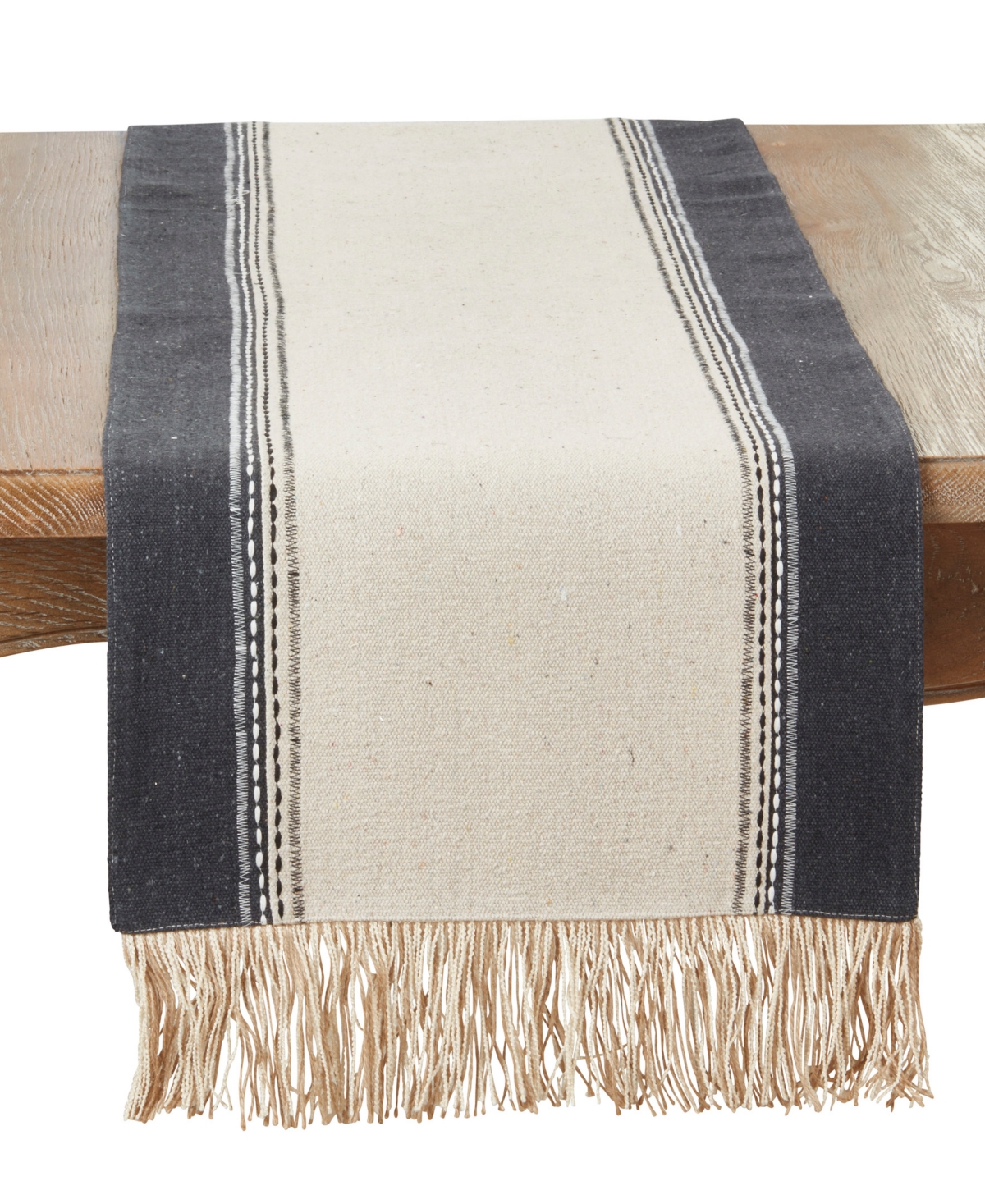 Saro Lifestyle Fringe Detail Banded Table Runner, 16" X 72" In Black,natural