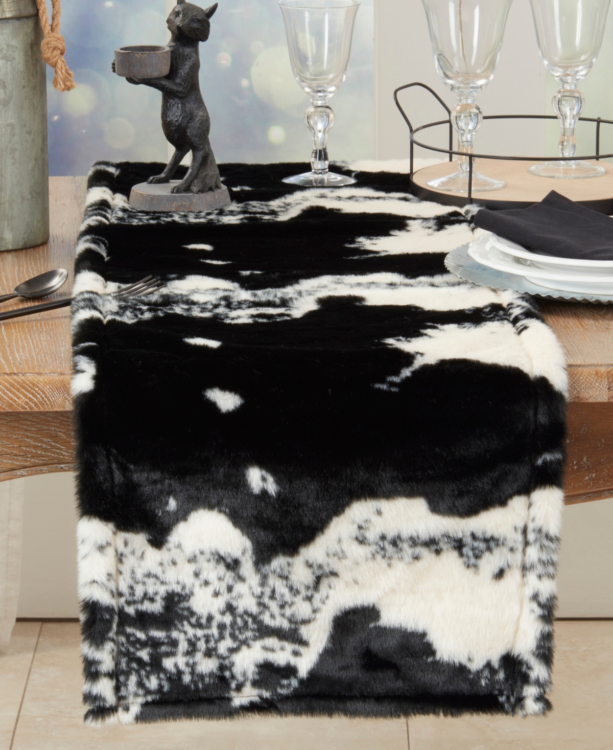 Saro Lifestyle Cow Hide Design Faux Fur Table Runner, 16" X 72" In Black