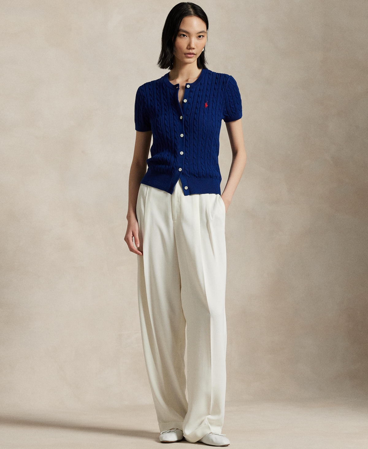 Polo Ralph Lauren Cable-knit Cotton Short-sleeve Cardigan In Harrison Blue