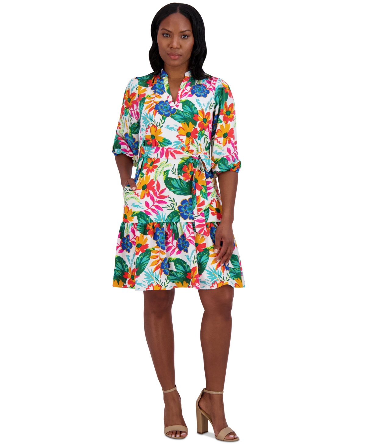 Petite Floral Balloon-Sleeve Split-Neck Dress - Ivory Multi