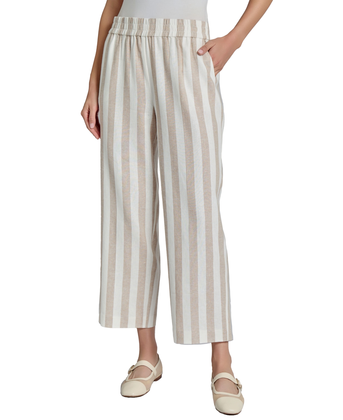 Women's Striped Linen-Blend Pull-On Cropped Pants - Natural Stone/jones White