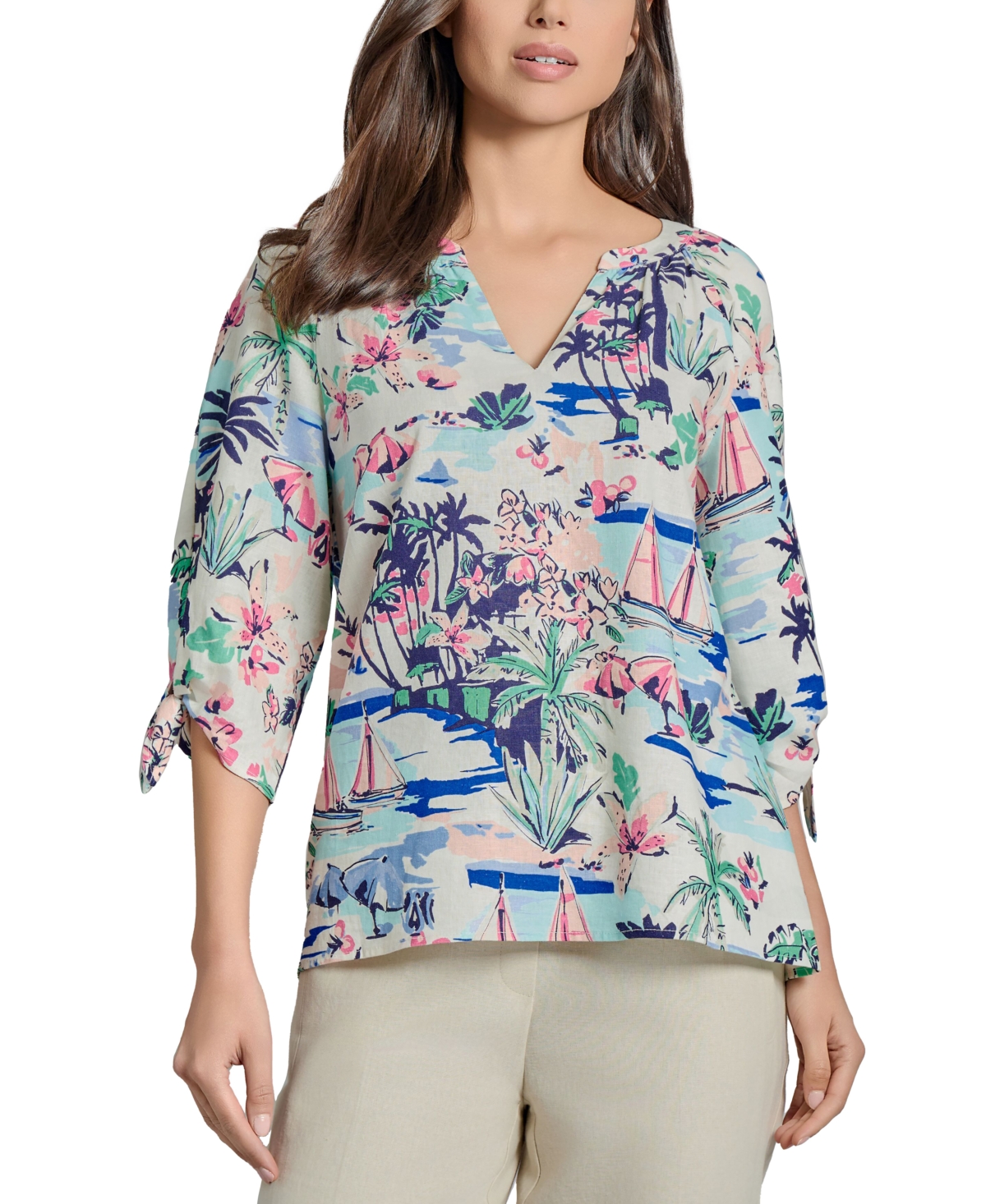 Jones New York Beach Print Tie Sleeve Linen Blend Top In Blue