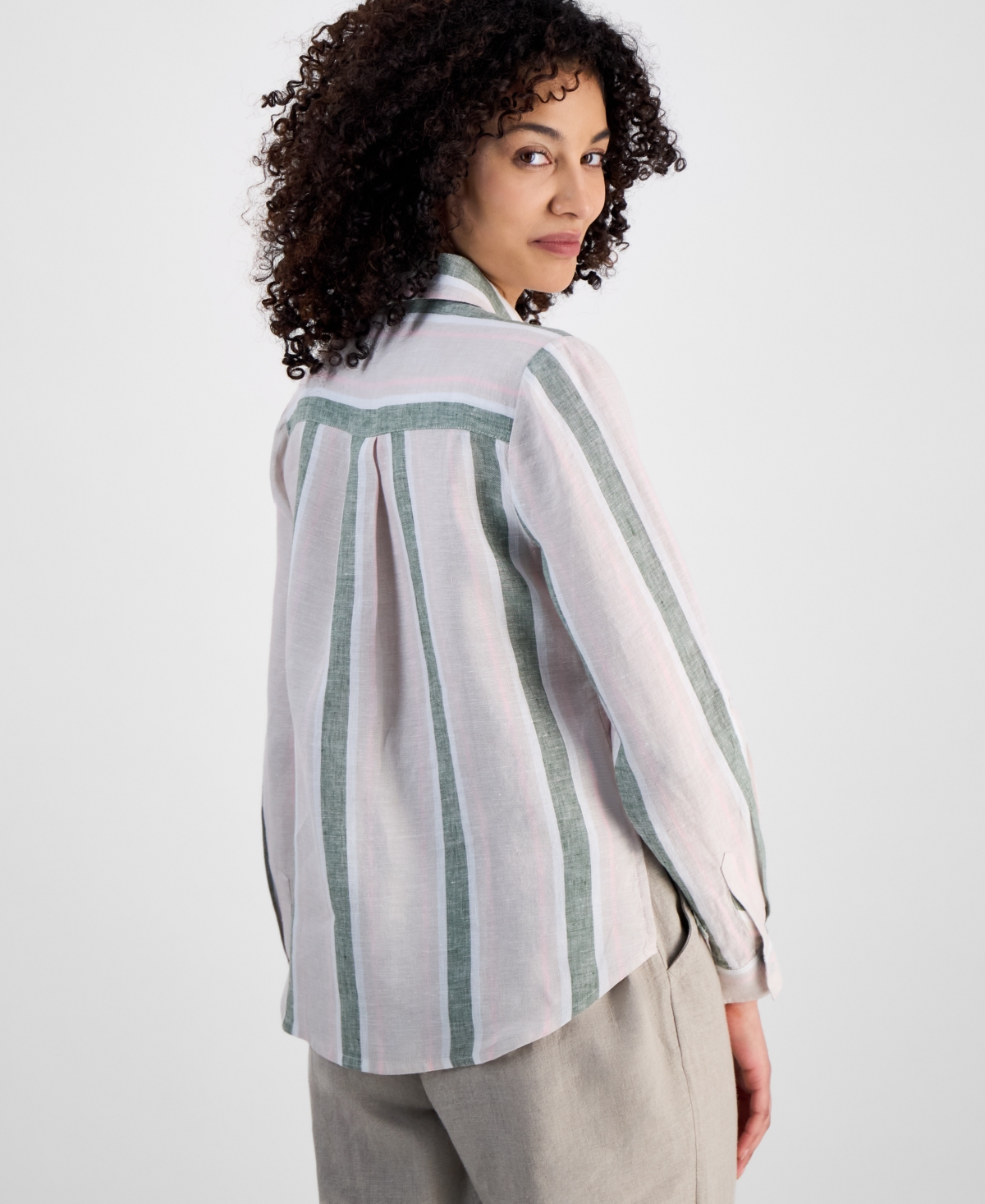 CHARTER CLUB PETITE 100% LINEN STRIPED SHIRT, EXCLUSIVELY AT MACY'S 