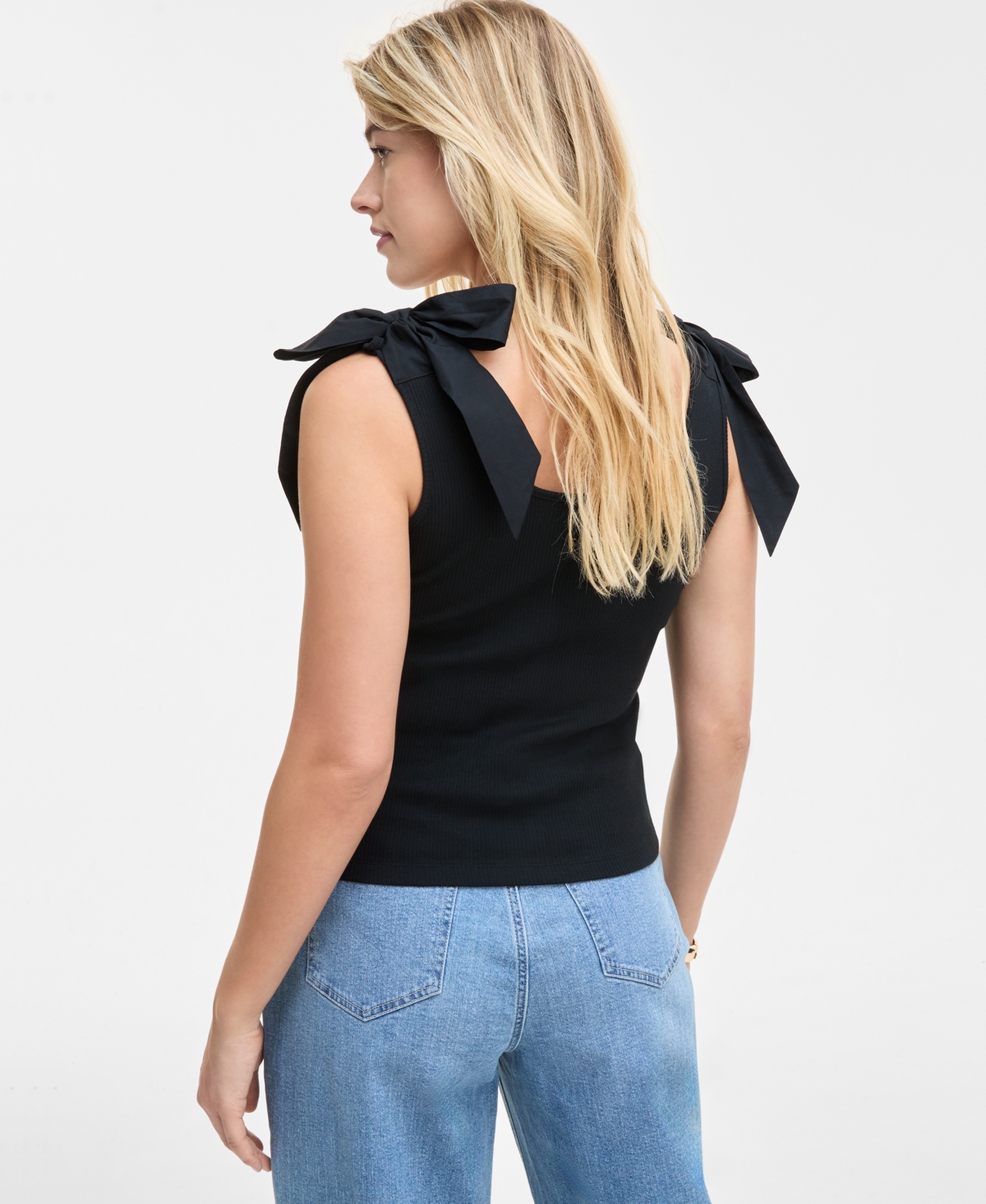 On 34th Women's Ribbed Bow-shoulder Tank Top, Exclusively At Macy's In Deep Black