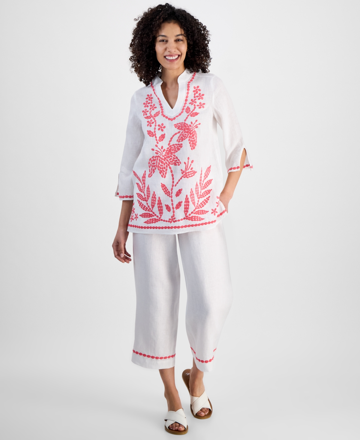 CHARTER CLUB PETITE 100% LINEN EMBROIDERED TUNIC, EXCLUSIVELY AT MACY'S 
