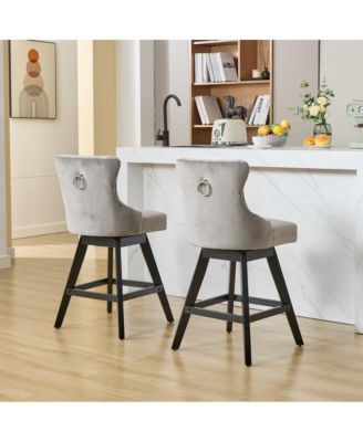 2-Piece Counter Stool Set, Velvet Upholstery with Tufted Back, Nailhead Trim and Wooden Legs, Swivel Bar Stools