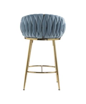 Set of 2 Counter Stools – 26" Velvet Upholstered with Hand-Wave Back, Metal Legs & Footrest