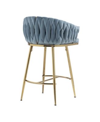 Set of 2 Counter Stools – 26" Velvet Upholstered with Hand-Wave Back, Metal Legs & Footrest