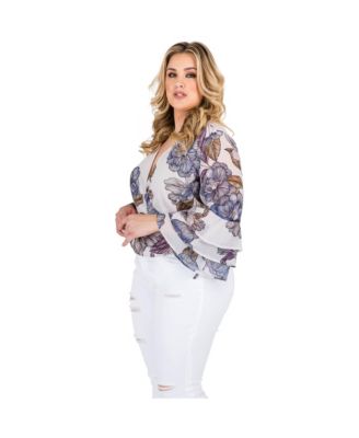 Plus Size Women's Floral Print Chiffon Flare Sleeve Blouse