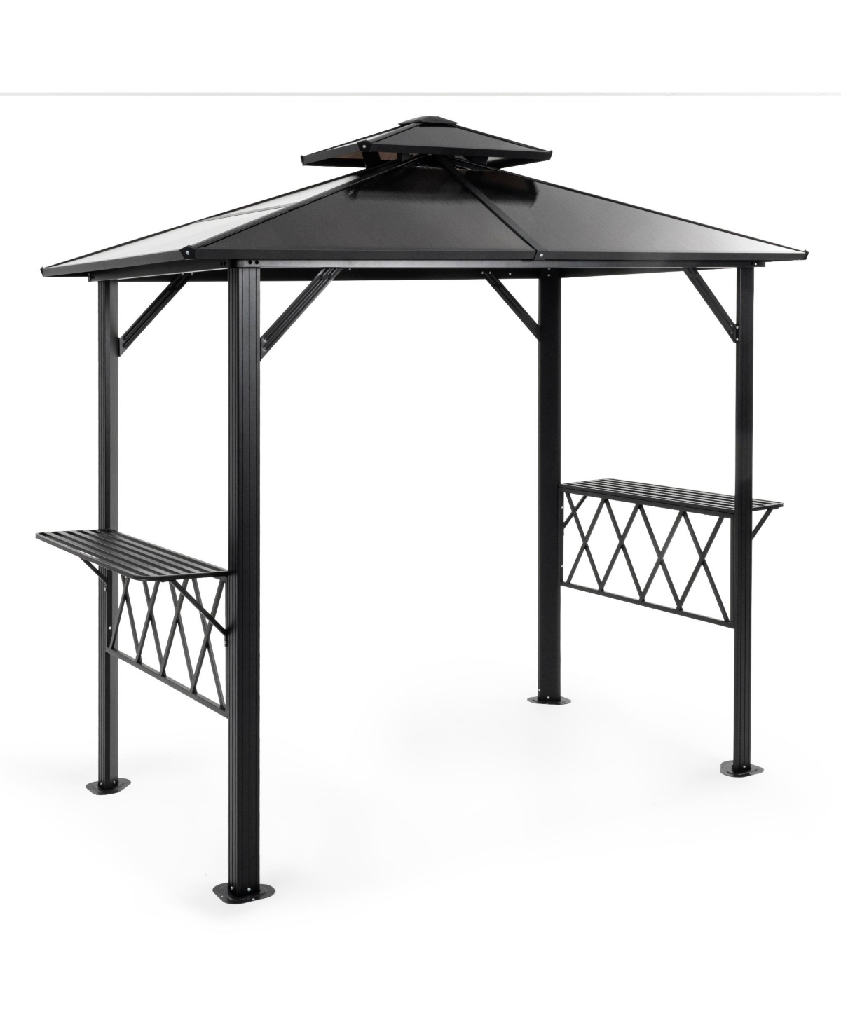 8&#xD7;5 Feet Gray Hardtop Grill Gazebo Canopy with 2-Tier Pc Roof with Side Shelves