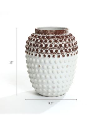 Vintage White and Brown Beaded 12-Inch Tall Urn Vase