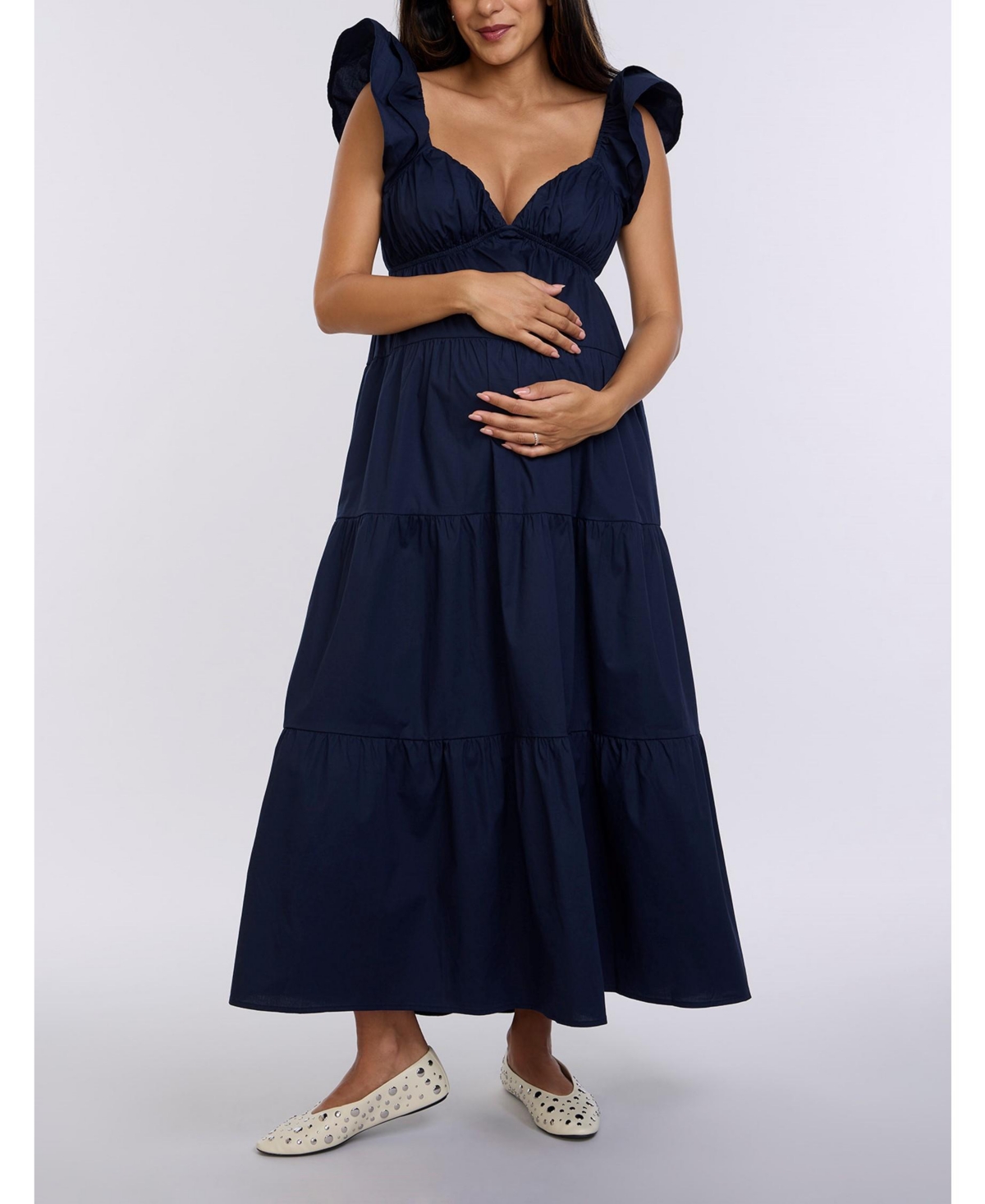 Women's Ruffle Sleeve Tie-Back Maxi Maternity Dress - Motherhood Maternity - Navy blazer