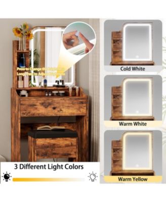 Small Makeup Vanity Desk with Mirror and Lights, Vanity Table Set with Storage Drawer