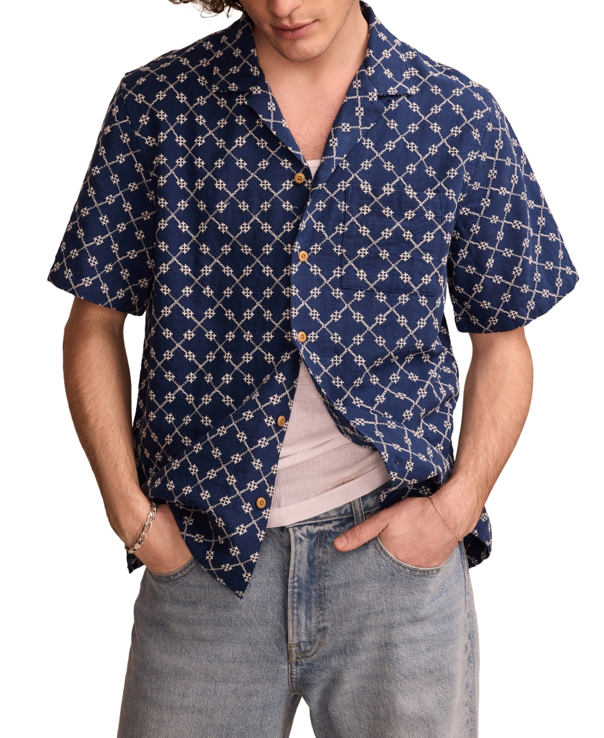 Men's Short Sleeve Eyelet Camp Collar Shirt - Blue embroidery