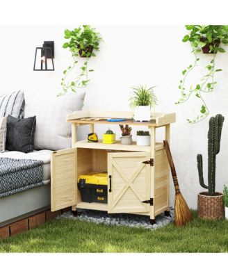 Outdoor Potting Bench with Storage, Wheels, Natural Wood