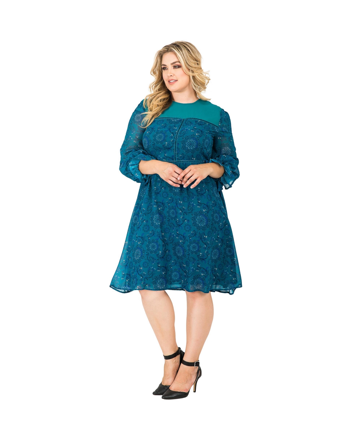 Plus Size Women's Knee-Length Puff Sleeve Chiffon Dress - Turq paisley