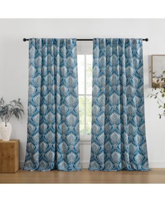 Messina Paisley Damask Patterned Back Tab Rod Pocket Curtains - Light Blocking Darkening Window Panels, Set of 2 (Blue, 52 W x 96 L)
