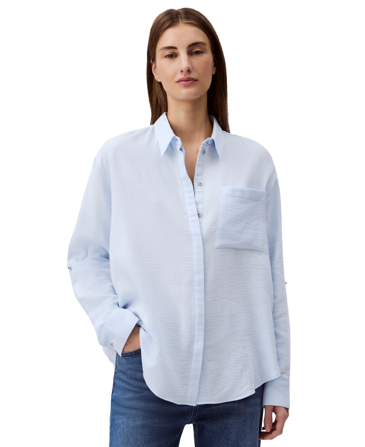 Calvin Klein Jeans Est.1978 Women's Double Gauze Roll-tab-sleeve Button-down Shirt In Blue