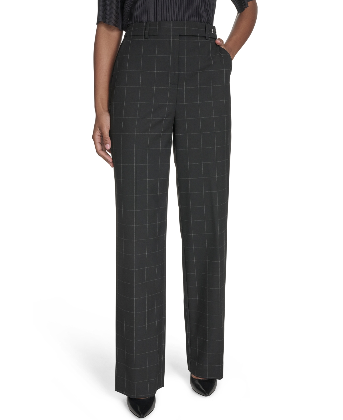 Calvin Klein Plus Size Windowpane Print Wide Leg Pants In Black,cream