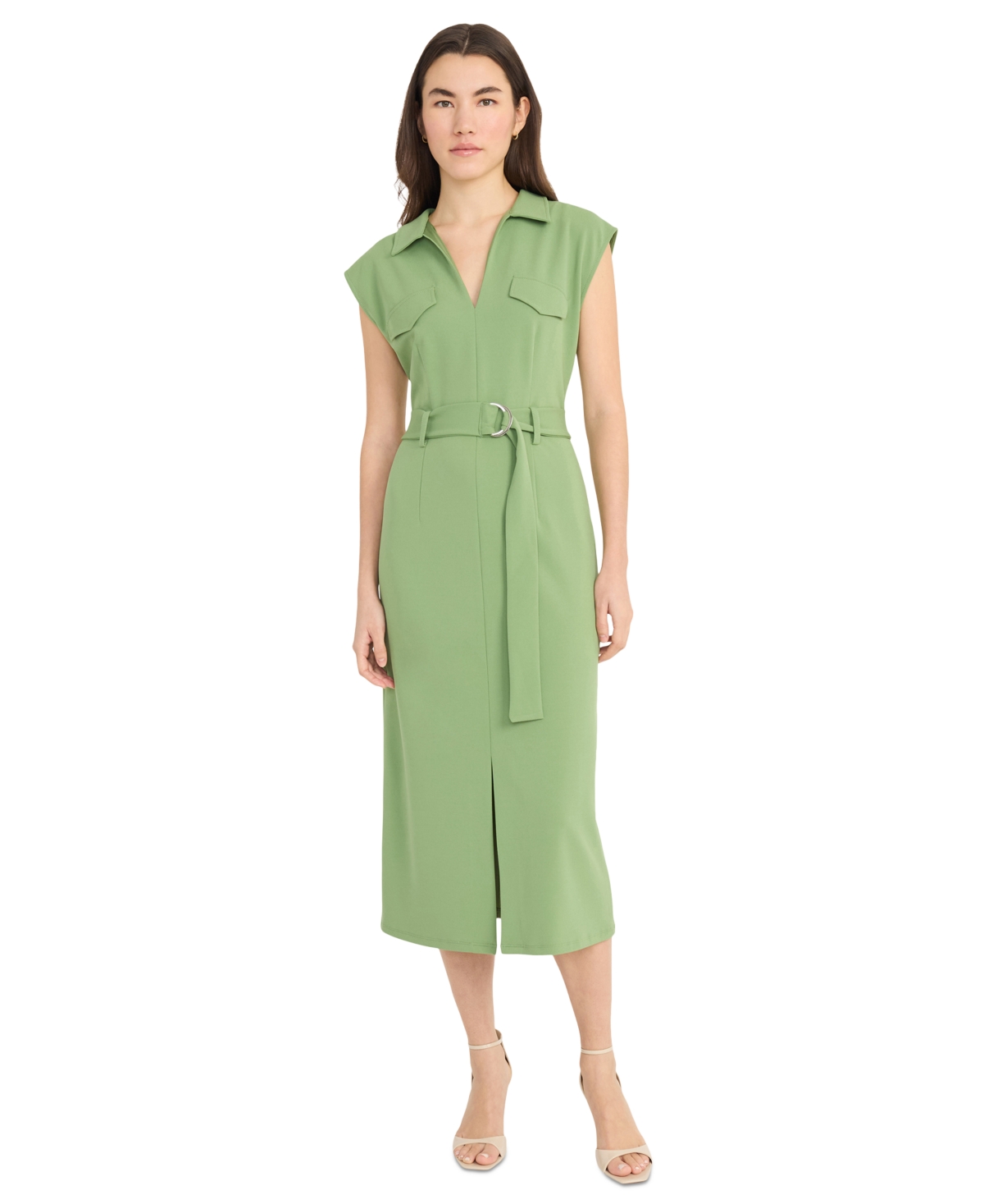 Donna Morgan Women's Belted Split-neck Midi Dress In Green