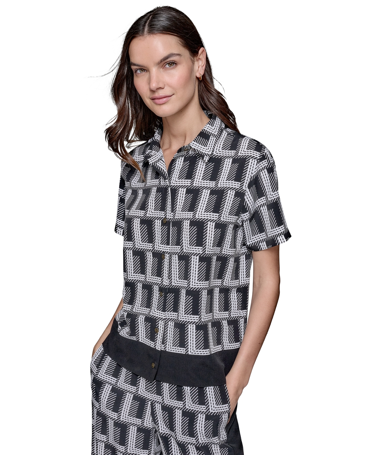 KARL LAGERFELD WOMEN'S GEOMETRIC-PRINT SHORT SLEEVE BUTTON-FRONT TOP 