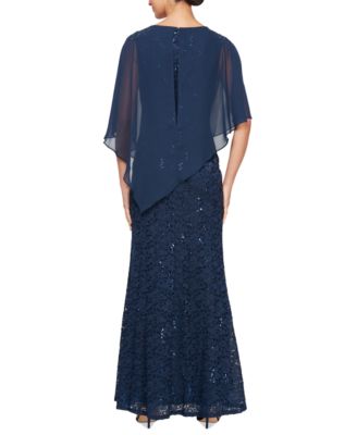 Petite Round-Neck Sequin Lace Cape Dress