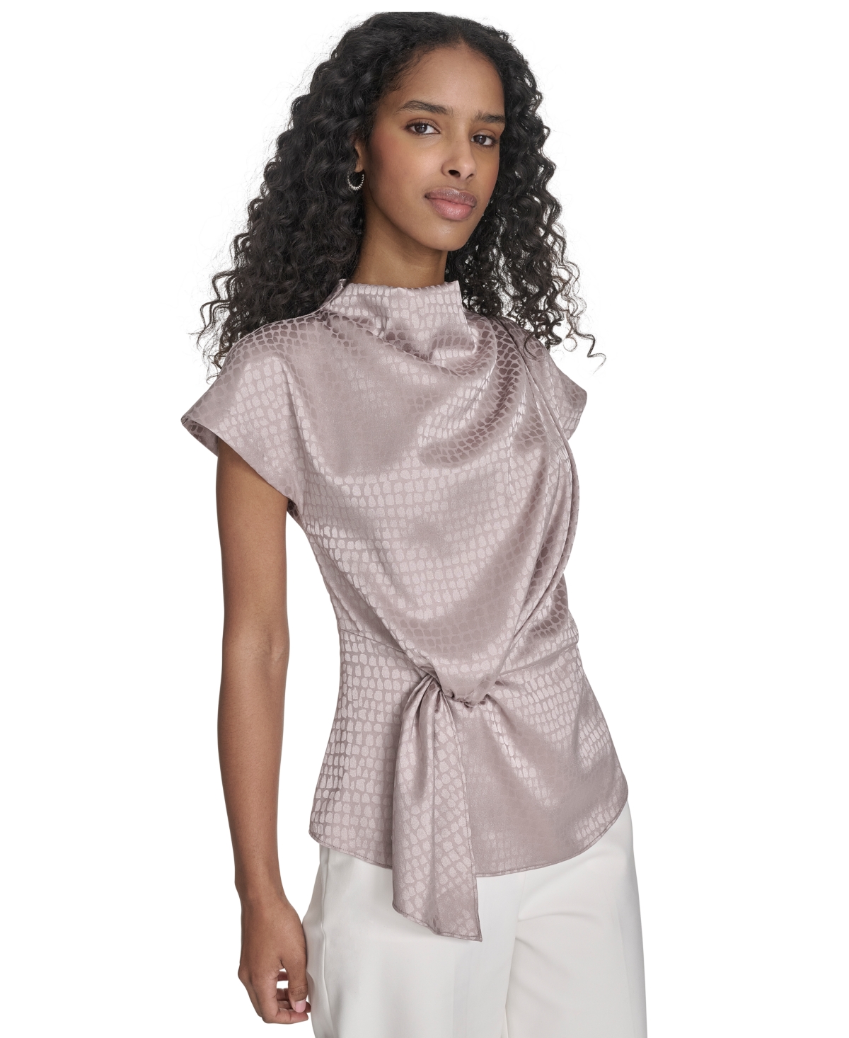 Calvin Klein Women's Jacquard Mock Neck Short-sleeve Top In Soft Taupe,soft Taupe
