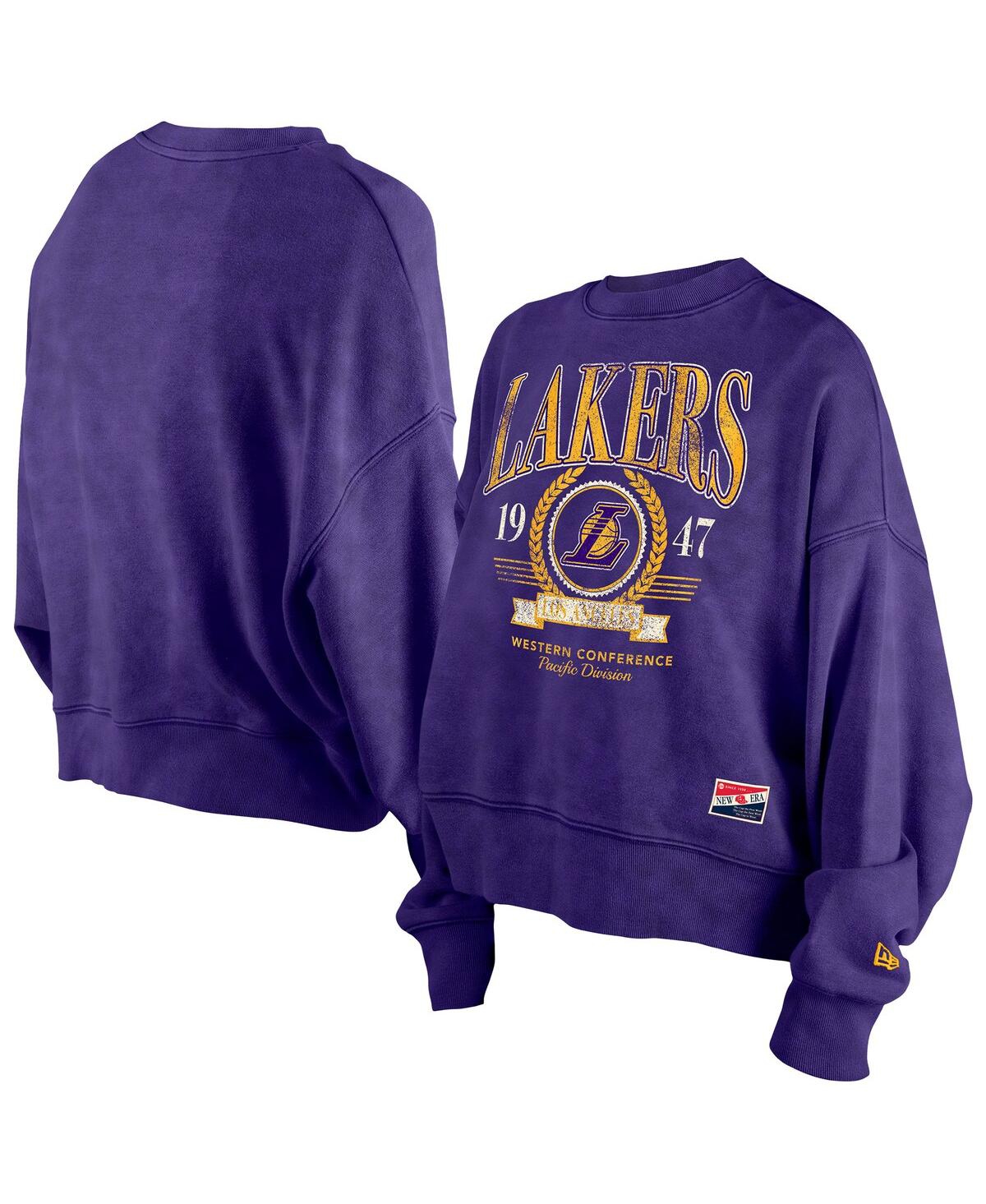 NEW ERA WOMEN'S PURPLE LOS ANGELES LAKERS HARDWOOD CLASSICS ENZYME WASH OVERSIZED BOXY PULLOVER SWEATSHIRT 